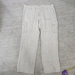 Womens 100% Linen Beige Cargo Pants